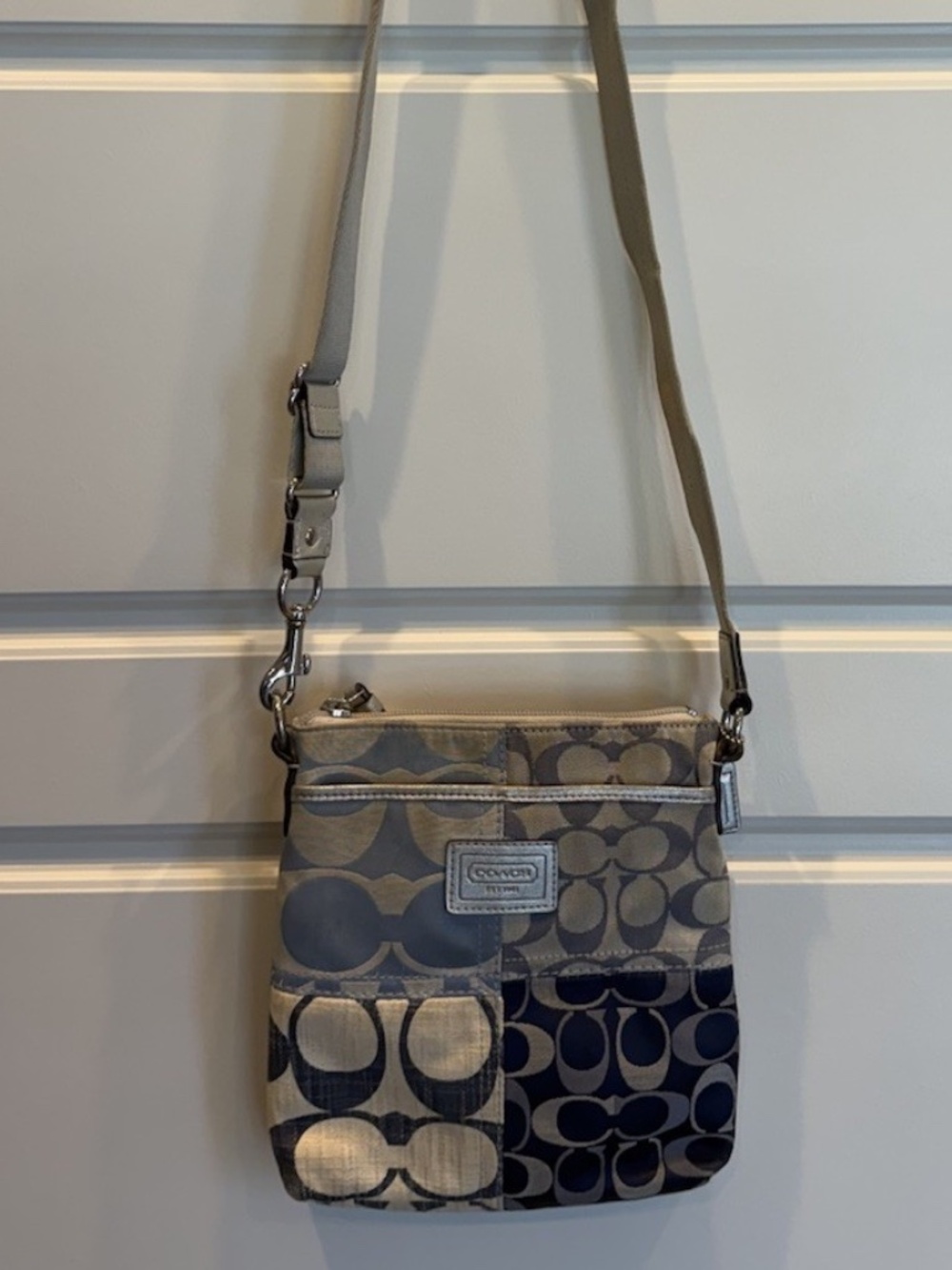 Coach Poppy Signature Denim Patchwork Leather Crossbody Shoulder Bag Blue
